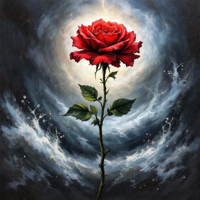 Primary subject: A single red rose.

Setting/background: The rose is set against a dark, cloudy sky.

Visual style: The image is a painting, featuring a single red rose as the main subject.

Colors and mood: The dominant color is red, which gives the painting a bold and striking appearance. The dark, cloudy sky adds a sense of drama and intensity to the scene.